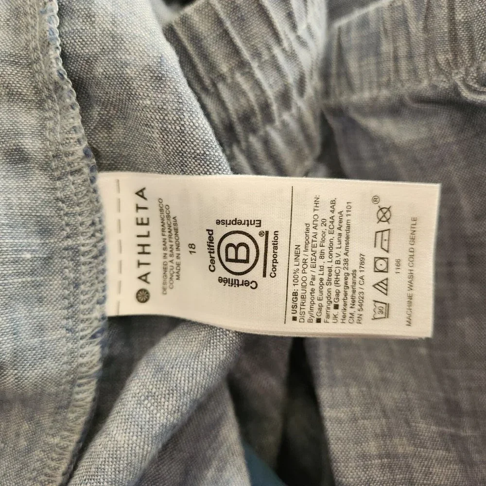 Athleta Jogger Pants Women 18 Plus Blue 100% Linen Pull On Elastic Waist Comfort